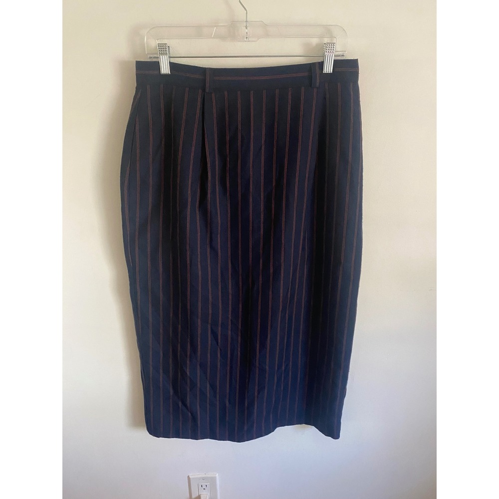 Striped Navy Blue Midi Pencil Skirt‎ with Pockets